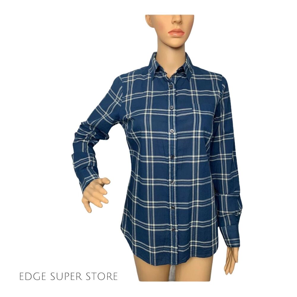J. Crew Check Plaid Navy Blue White Button Up Long Sleeve Shirt Top Size XSmall